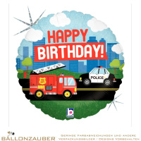 Folienballon Rund Happy Birthday Feuerwehr Polizei Bunt 45cm = 18inch